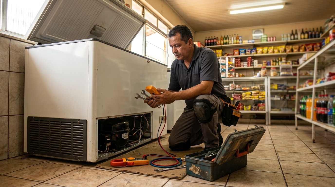 Técnico realizando manutenção de motor de freezer em São José do Rio Preto‑SP