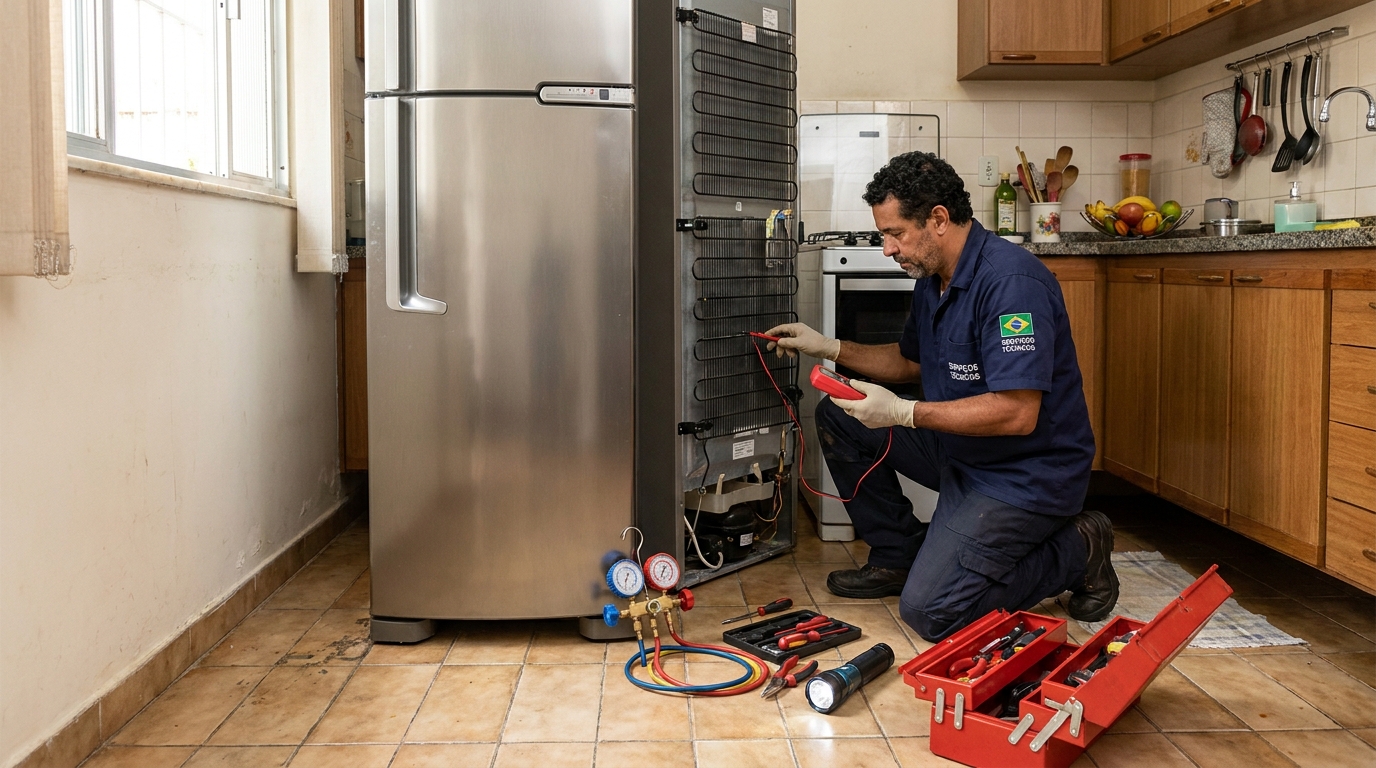 Técnico realizando manutenção de motor de geladeira em São José do Rio Preto‑SP