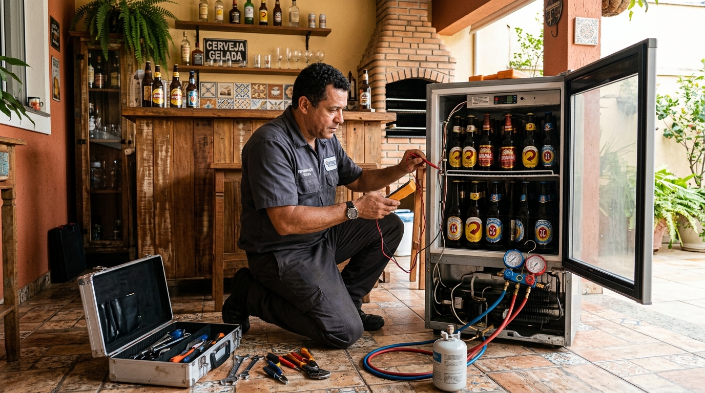 Recarga de gás refrigerante em cervejeira em atendimento na Chácara Recreativa Residencial Cortina d’Ampezzo, São José do Rio Preto‑SP