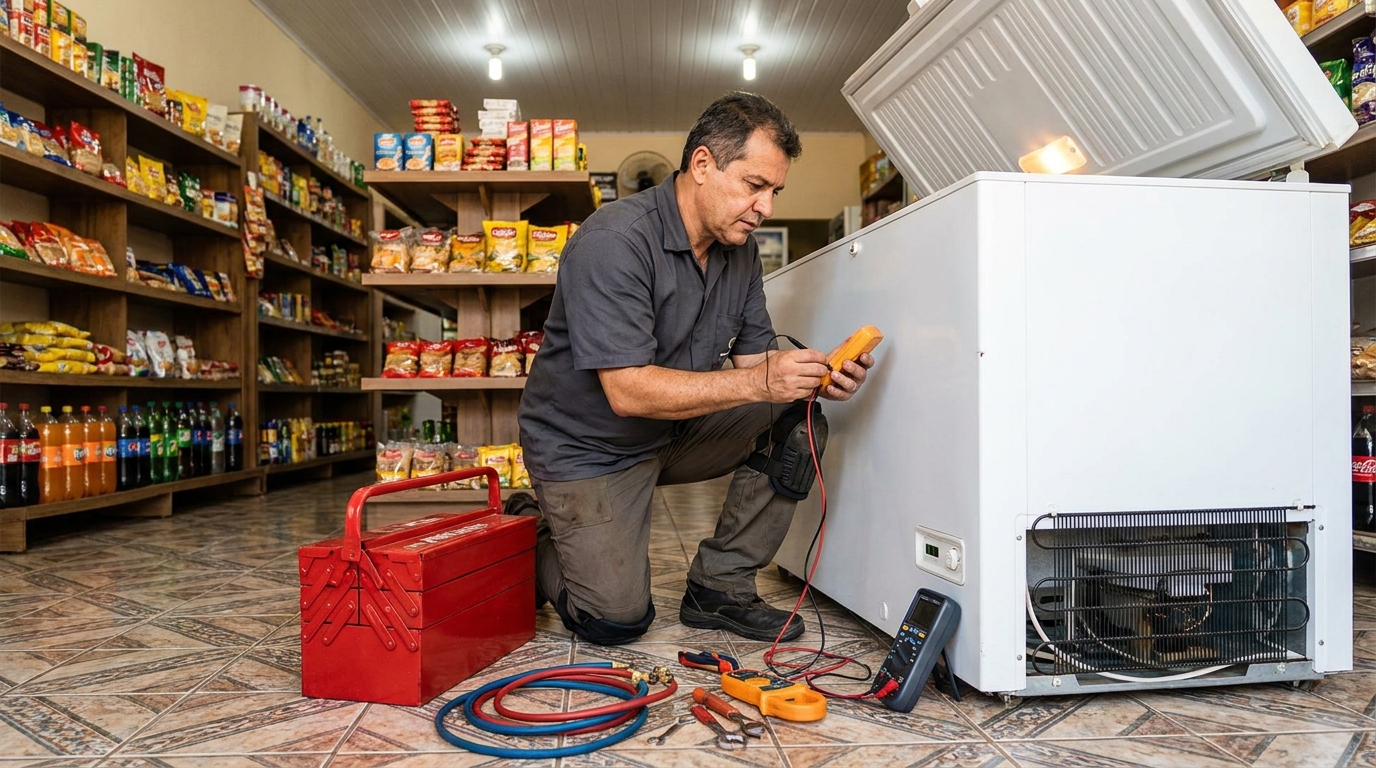 Recarga de gás refrigerante em freezer em atendimento na Chácara Recreativa Residencial Cortina d’Ampezzo, São José do Rio Preto‑SP