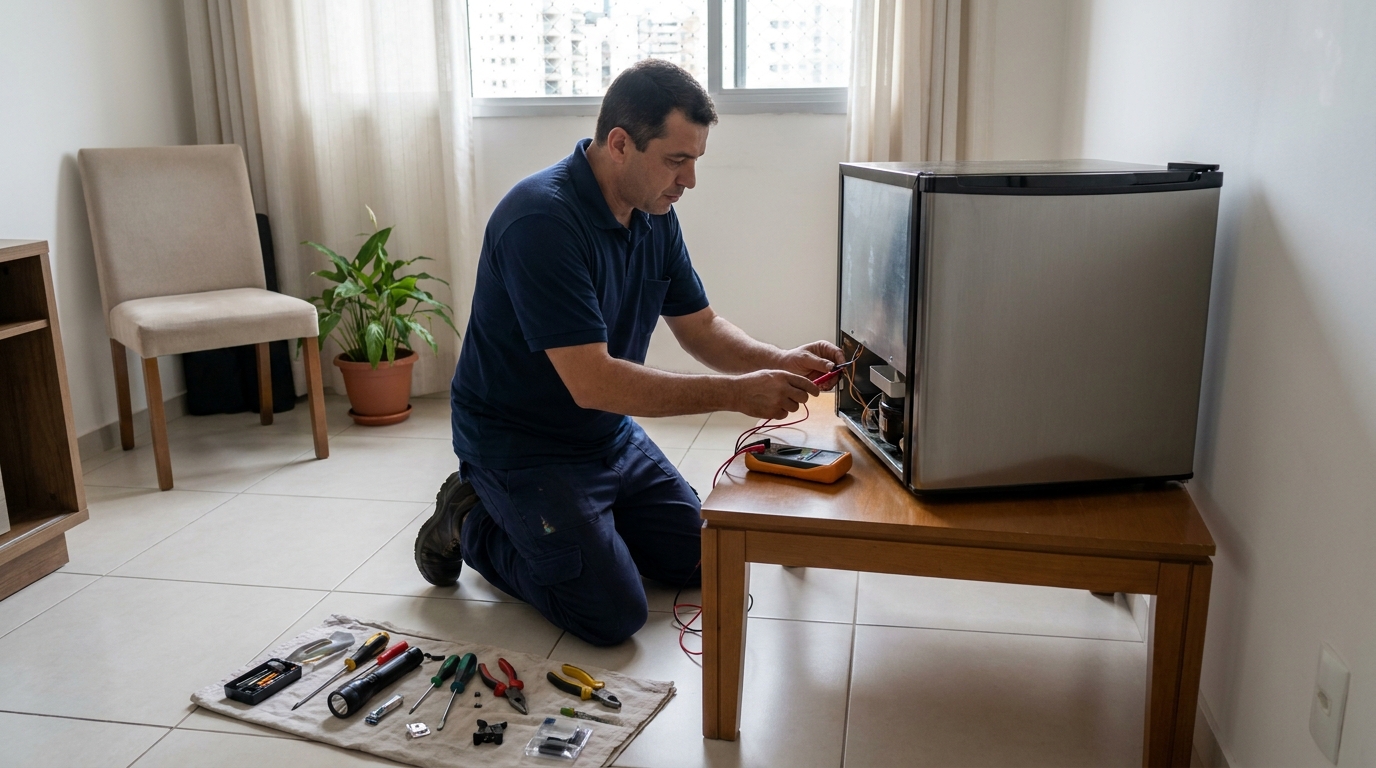 Técnico de conserto de frigobar em residência na Chácara Recreativa Residencial Cortina d’Ampezzo, São José do Rio Preto‑SP