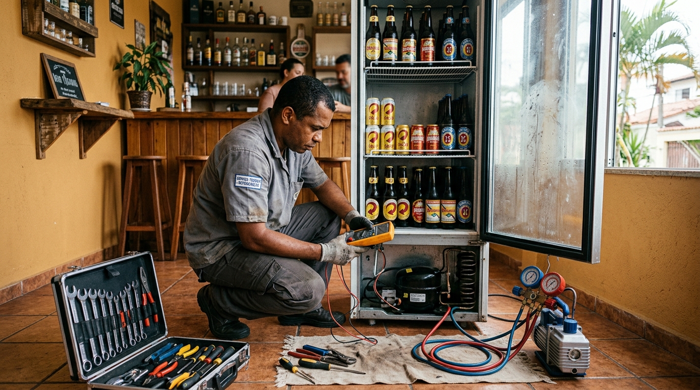 Troca de termostato de cervejeira em atendimento técnico na Chácara Recreativa Residencial Cortina d’Ampezzo, São José do Rio Preto‑SP