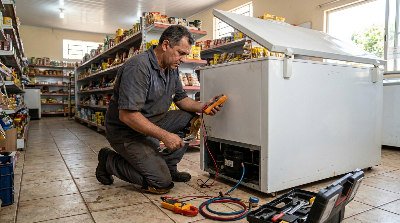Troca de termostato de freezer em atendimento técnico na Chácara Recreativa Residencial Cortina d’Ampezzo, São José do Rio Preto‑SP